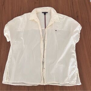 Tommy Hilfiger White short sleeve button down shirt with TH Logo summer blouse